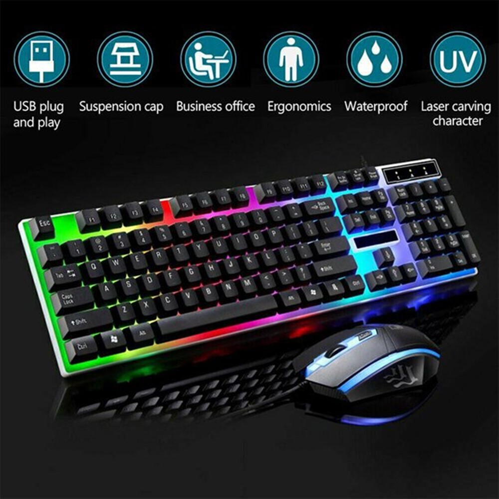 Rainbow Gaming Keyboard and Mouse Set Wired Keyboard Mouse For PS4/PS3/Xbox One LED Multi-Colored Changing Backlight Mouse 3D Anti-slip Wheel Suspended Keyboard